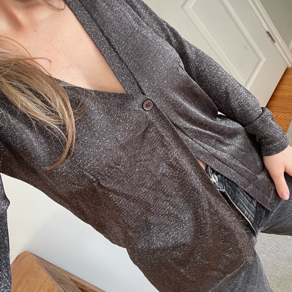 Zara Sparkly Charcoal Knit One Button Open Cardigan